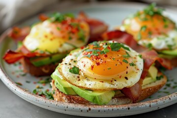 Close up plate of eggs benedict with avocado and bacon