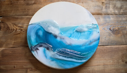 Wall Mural - Round canvas with epoxy resin art on wooden table. Unique handmade work of the sea waves.