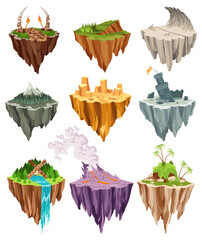 Game flying islands with volcanoes, waterfall, glacier and craters. Flying platform of exotic nature game island. Colorful flat elements for fantasy computer or mobile game