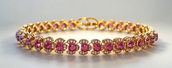 Wall Mural - Shiny gold bracelet with rubies and diamonds on white background, 4K hyperrealistic photo