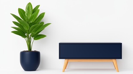 Wall Mural - Stylish indoor plant beside a modern navy cabinet against a bright wall in a contemporary setting, 3d illustration.