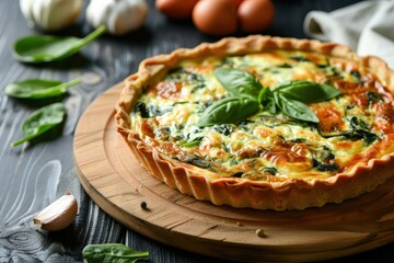 Canvas Print - Closeup of tasty spinach quiche on wooden board