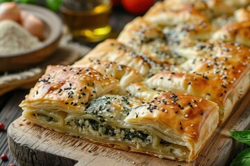 Sticker - Closeup of Turkish pastry Borek with cheese and spinach on wooden board