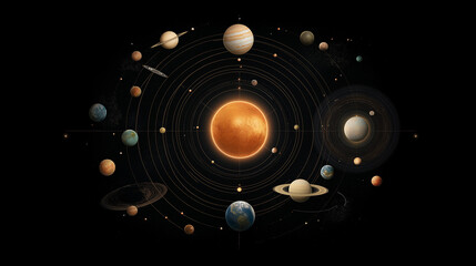a bird's-eye view of the solar system, with the sun at its center and the other planets orbiting it.