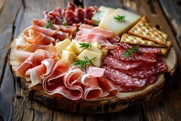 Canvas Print - Cold meat breadsticks prosciutto ham beef jerky salami cheese on wooden board rustic background