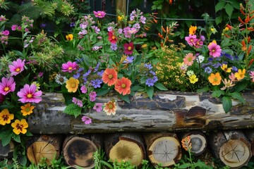 Poster - Colorful flowers in a garden with wooden fence and log border