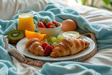 Poster - Continental breakfast Bed tray with coffee juice croissant fruit bread egg Shallow focus