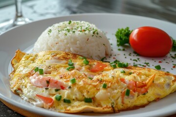 Poster - Creamy Crab Omelet on Rice in white plate popular in Thai cuisine Thai Asian style dish Ample space to copy