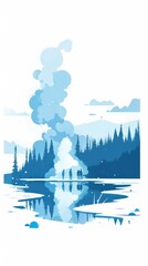 Poster - A Blue Winter Scene With a Geyser Erupting in a Forest