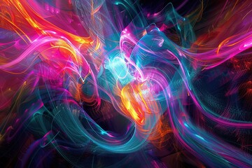 Wall Mural - Vibrant abstract digital art with swirling neon colors of pink, blue, orange, and purple in dynamic flowing patterns
