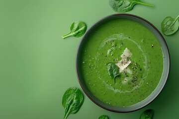 Sticker - Creamy spinach soup with cheese in bowl on green backdrop