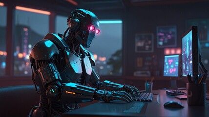 a robot with a red light on his head sits in a dark room.