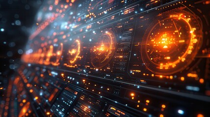 Futuristic digital interface with glowing orange elements, creating an immersive technological background for various projects.