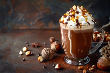 Wall Mural - Dark table with glass cup of hot chocolate whipped cream caramel and chestnuts