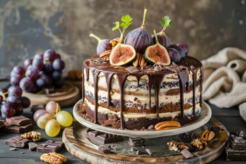 Wall Mural - Decadent cake with figs chocolate nuts fruits and cookies on rustic background