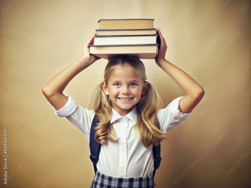 Adorable young student holds a towering stack of textbooks on her head ...