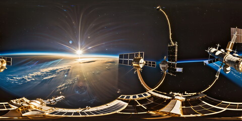 Wall Mural - Full 360 degrees seamless spherical panorama HDRI equirectangular projection of A colossal orbiting space station. Texture environment map for lighting and reflection source rendering 3d scenes.	
