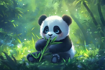 Cute Panda Bear Cub Eating Bamboo in Lush Forest