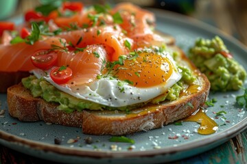 Sticker - Delicious breakfast recipe Salmon guacamole poached egg on toast Background close up