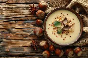 Canvas Print - Delicious chestnut cream soup on wood