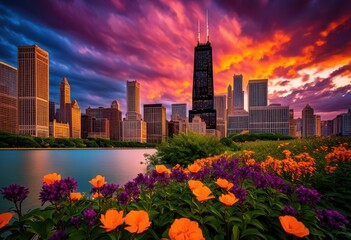 stunning chicago skyline sunset showcasing vibrant colors beautiful evening sky, city, architecture, buildings, horizon, light, reflection, clouds, dusk