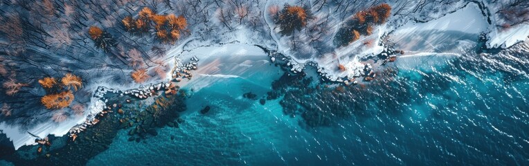 Poster - Aerial View of a Snowy Coastline and Turquoise Ocean Water