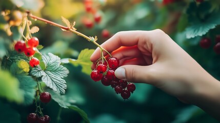 Sticker - A person picking ripe red currants from a bush in a lush garden during the late afternoon