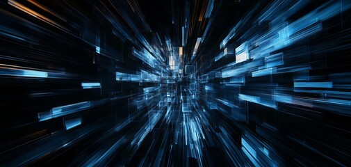 A futuristic digital background depicting intense speed and motion through luminous blue light streams and abstract shapes.