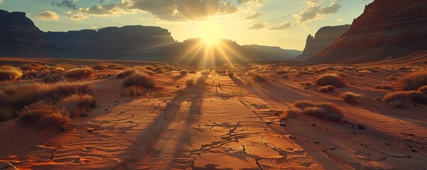 Sticker - Sunset casting long shadows in a desert, 4K hyperrealistic photo