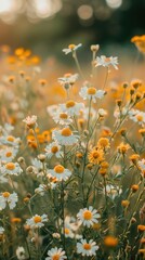 Wall Mural - Field of White Daisies Blooming in the Evening Sun