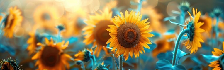 Wall Mural - A Single Sunflower Facing the Sun in a Field of Yellow Flowers