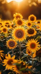 Wall Mural - Sunflowers Blooming in a Field at Sunset