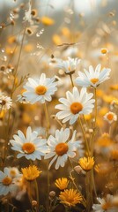 Wall Mural - White Daisies Blooming in a Field of Golden Wildflowers at Sunset