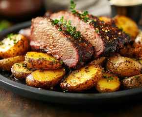 beef brisket and roast potatoes. AI generative.