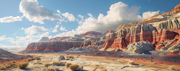 Wall Mural - Desert landscape with layered rock strata, 4K hyperrealistic photo