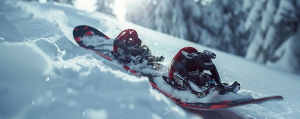 Sticker - Cutting-edge snowboard and bindings on fresh powder, 4K hyperrealistic photo