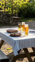 Wall Mural - beer on the table and appetizing German sausages. AI generative.