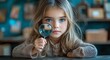 © Five Million Stock - Portrait of cute schoolgirl sitting at desk holding magnifying glass in front of eye. Student girl in classroom in classroom at the elementary school