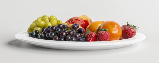 White ceramic plate with fruit on white background, 4K hyperrealistic photo