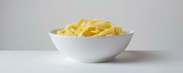 White ceramic dish with pasta on white background, 4K hyperrealistic photo