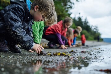 a class learning about local ecosystems by exploring a coastal area and observing marine life