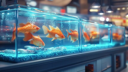 Colorful goldfish swimming in a vibrant aquarium at a bustling pet store during the day