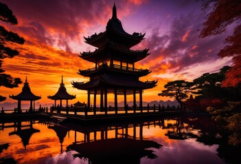 intricate pagoda silhouette vibrant sunset backdrop showcasing rich colors detailed architecture, design, sky, clouds, landscape, outline, contrast, beauty