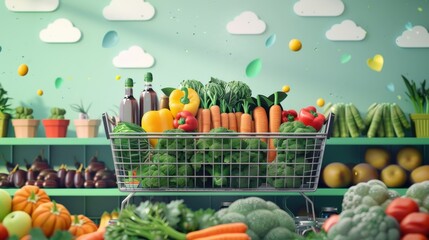 Wall Mural - A basket full of vegetables is shown in a grocery store