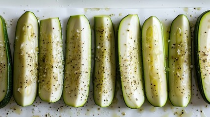 Wall Mural - A row of zucchini slices are covered in salt and pepper