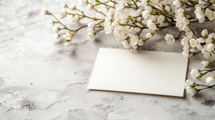 white card with flowers, paper card decorated with small fresh flower buds