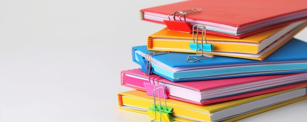 Wall Mural - Stack of colorful notebooks with paper clips on white background, 4K hyperrealistic photo