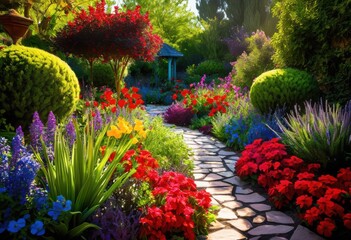 vibrant garden design featuring bright plant arrangements colorful flowers lush greenery lively outdoor space, blooms, botanical, cultivation, decor, designs