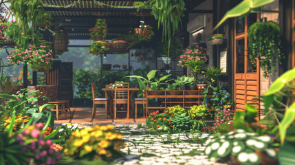 A coffee shop with a relaxing atmosphere amidst rice fields and a garden of various flowers.