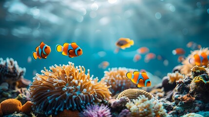 Wall Mural - Vibrant Coral Reef Thriving in Clear Blue Ocean Waters with Clownfish and Anemones